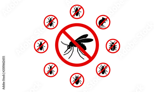 Pest Control Icons with Mosquito and Insect Prohibition Signs