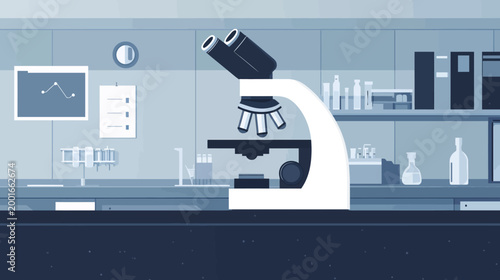 A simple, blue-toned illustration of a laboratory setting with a microscope