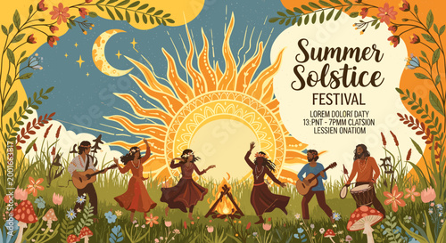 Obraz na plátne Vibrant folk art illustration of a Summer Solstice Festival with people dancing and playing music around a campfire under a large sun and moon