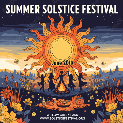 Foto An illustrated poster for a Summer Solstice Festival featuring people dancing around a bonfire under a large sun and starry night sky in a vibrant natural landscape