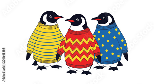 Three Cute Penguins Wearing Colorful Sweaters