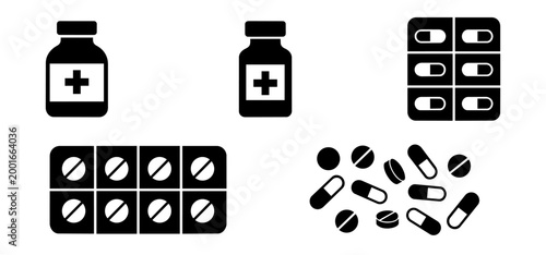 Collection of medical icons featuring medicine bottles blister packs pills and capsules for healthcare
