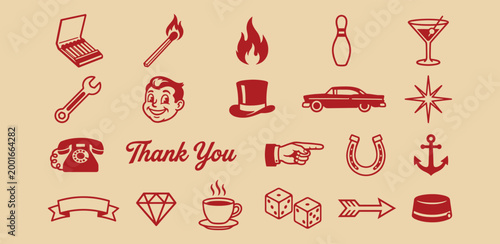 Vintage Style Red Icon Collection with Retro Mid Century Graphic Elements and Americana Symbols