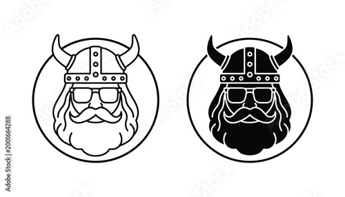 Viking warrior head in circle frame with glasses in outline and solid vector style for creative character branding