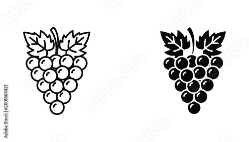 Bunch of grapes with leaves icon set in line art and solid black style for viticulture and winery branding