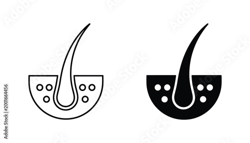 Hair follicle cross section vector icon set representing dermatology and scalp health in both linear outline and solid black glyph styles for clinical or beauty product branding graphic design