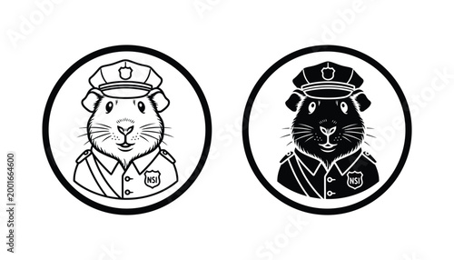 Guinea pig police officer mascot icon character in uniform with badge illustration for animal rescue or security themes in clean black and white vector design for branding and stickers