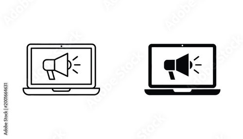 Laptop computer with megaphone icon on screen illustration representing digital marketing and online announcement in flat black and white vector design for business communication and advertising