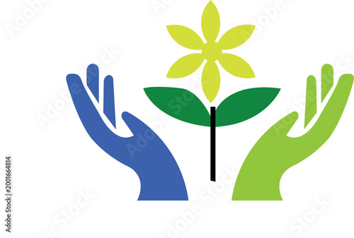 Eco-friendly hands holding growing flower vector, environmental protection and sustainability logo, nature conservation and organic growth concept