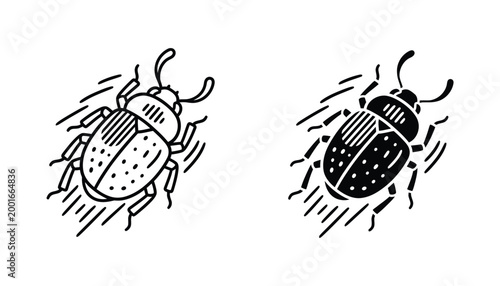 Beetle insect icon featuring detailed line art and solid black silhouette for nature and wildlife design
