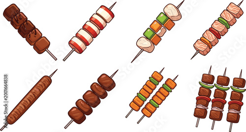 Cartoon Grilled Meat and Vegetable Skewer Kebab Icon Set with Various Ingredients on Stick for BBQ Restaurant Menu Food Vector Illustration