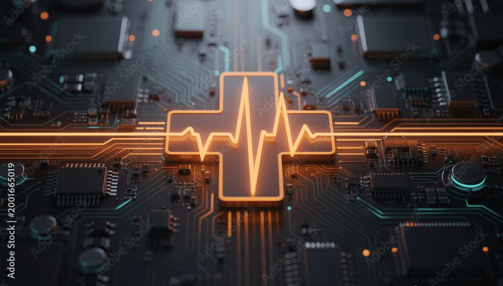 Fototapeta premium Digital Healthcare Concept with Glowing Heartbeat on Circuit Board Technology