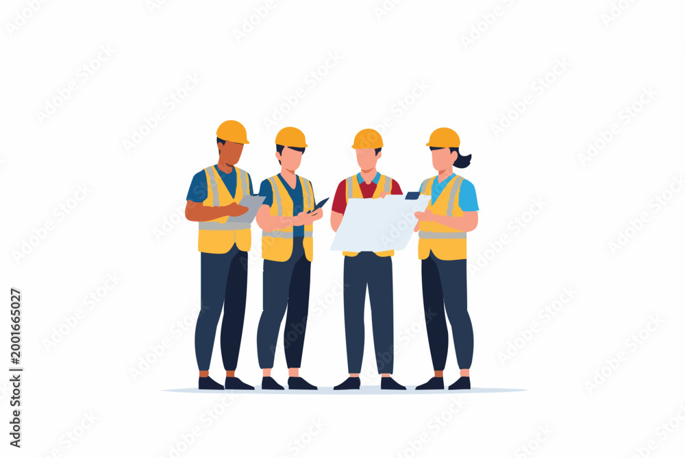 Fototapeta premium Construction workers looking at blueprints together in a collaborative meeting