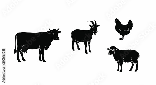 Farm Animals Icon Set with Cow, Goat, Chicken and Sheep Black Silhouette Glyph Icons for Agriculture and Livestock
