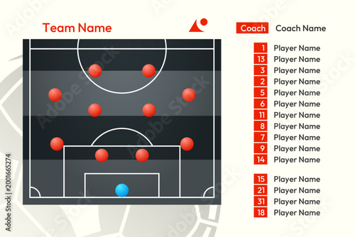 Soccer starting lineup infographic template with football field pitch, player positions, coach and substitute bench list