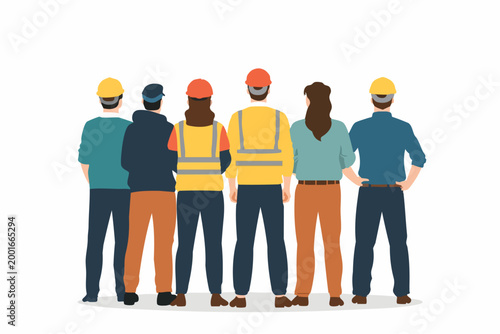 Diverse group of construction workers standing together from behind wearing