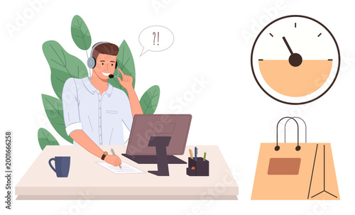 Customer support, e-commerce services, time management, online shopping, digital communication, task prioritization. Support agent with headset at a desk. Customer support and e-commerce services
