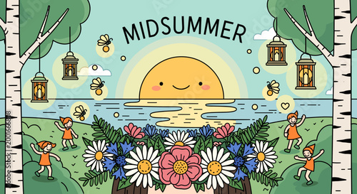 Charming illustration of a Midsummer celebration with dancing children, lanterns, and a smiling sun over the water.