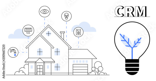 Smart technology, home management, energy efficiency, IoT, CRM integration, digital innovation. House with connected devices and CRM text. Smart technology and home management concept