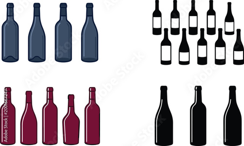Vector Wine Bottle Icon Set Featuring Red and Blue Glass Bottles with Minimalist Black Silhouettes and Label Mockups for Winery Branding