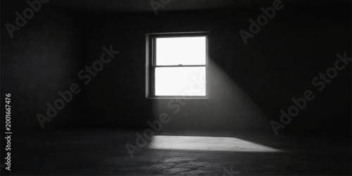 An empty dark room features an open door leading to a bright light, illuminating the blank wall and floor of a minimalist interior gallery design