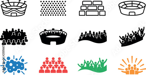 International soccer tournament stadium fan icons for global football competition