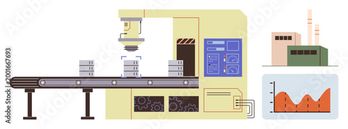 Industrial automation, manufacturing, production efficiency, robotics, factory technology, data analysis. Automated machine with conveyor belt and stacked items in factory setting. Industrial