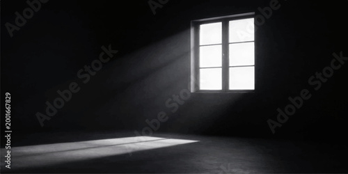 Bild auf Leinwand An empty 3d render of a dark room interior featuring an open window frame on a b