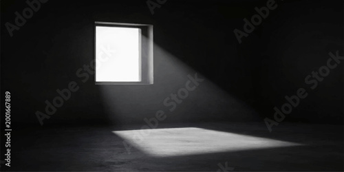 A blank art frame hangs on a dark gallery wall in an empty 3d room where soft window light illuminates the floor of a modern interior exhibition space