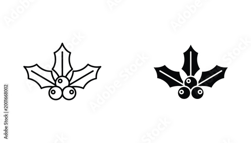 Holly berry branch with leaves icon in linear and solid black style isolated on a white background for christmas and winter holiday graphic design