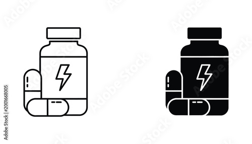 Energy supplement bottle with capsules icon set in outline and solid black style for sports nutrition and fitness performance enhancement products and bodybuilding supplies
