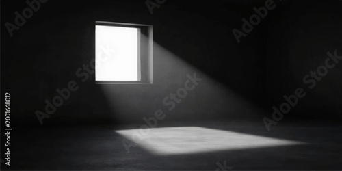 The open door acts as a pathway to the light in the dark room, illuminating the empty hall and blank walls of this architectural space