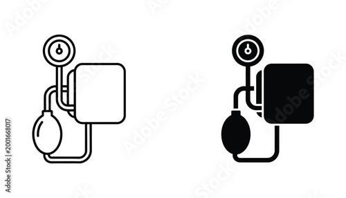 Blood pressure monitor medical device icon set in outline and solid black style for health monitoring and clinic diagnostic equipment visual communication and clinical reports