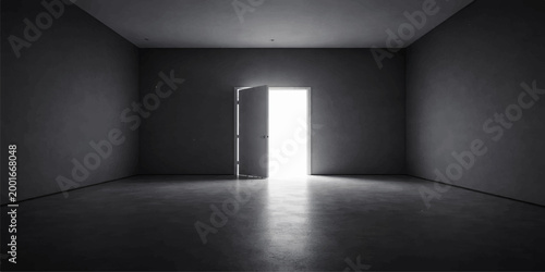 A single door in a dark room opens to a brilliant light at the end of an empty architectural hallway within this silent building