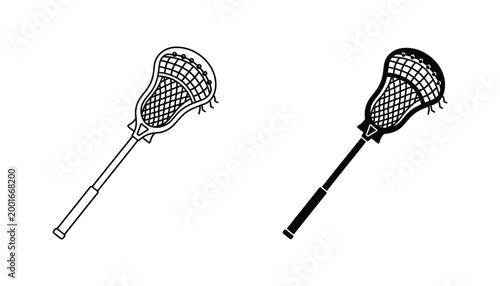 Lacrosse stick sport equipment icon set in detailed outline and solid black vector style for athletics and competition