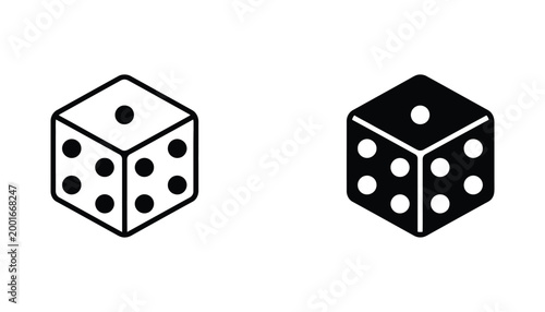 Single dice cube icon set showing the number one in outline and solid style for gaming and gambling applications