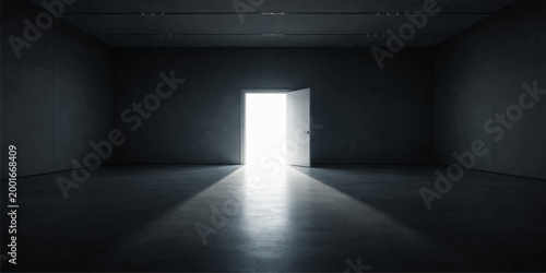 Light through the door illuminates a long empty concrete hallway in this dark architectural building interior designed with a deep perspective