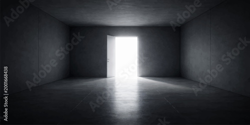 A beam of light in the dark room creates a perspective of an empty wall in a long interior hallway leading to a door