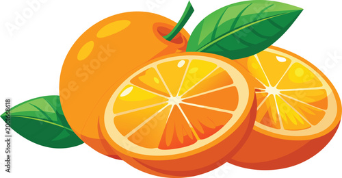 Vector citrus fruit composition with sliced oranges and leaves on transparent background pattern.