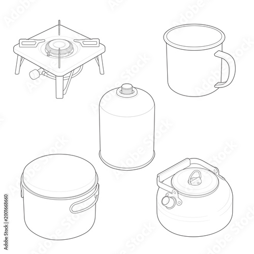 Portable titanium mess kit and fuel cartridge outline for ultralight camp patch vector
