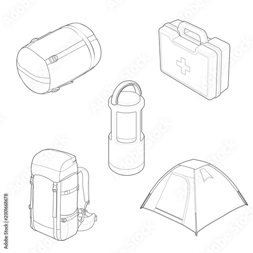 Isometric expedition rucksack dome tent and medkit linear drawing for survival