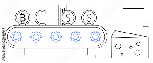 Blockchain, investment, currency production, financial growth, wealth generation, industrial automation. Gears on a conveyor belt with cryptocurrency symbols and a cheese wedge. Blockchain