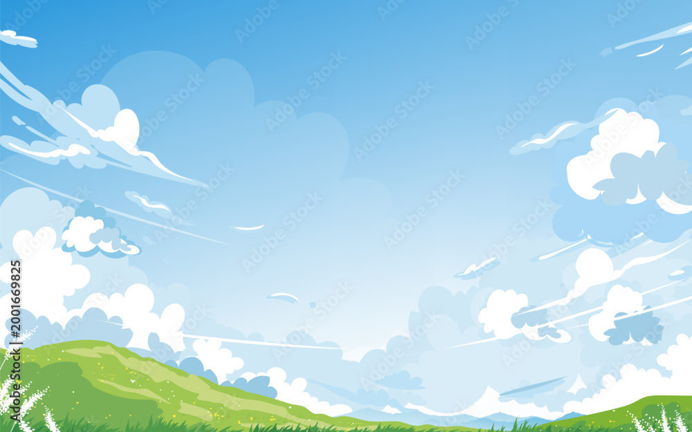 Obraz premium Cartoon sky background with fluffy clouds and green hill landscape, bright blue sky illustration, nature scene with copy space, cheerful outdoor backdrop for kids design, summer and spring concept