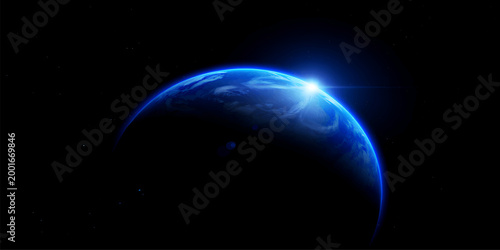 An illustration of the blue planet Earth and its moon orbiting the radiant sun within the vast dark space of our universe