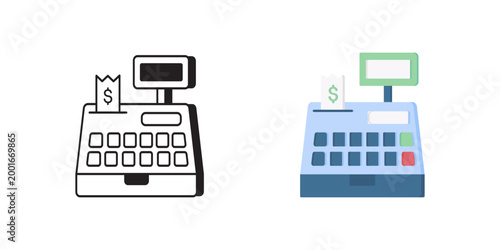 Cash Register Icon Representing Retail Checkout With Outline And Colored Variations, Receipt Slot, Keypad, Display And Sale Indicator, Suitable For Storefront And Small Business Branding,