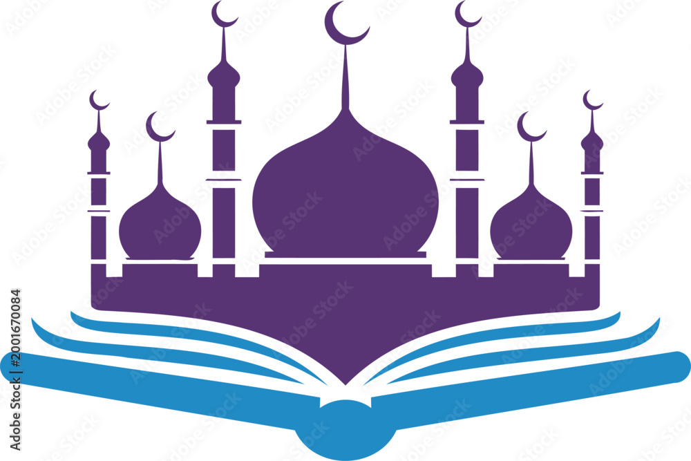 Fototapeta premium Purple mosque silhouette on open book with blue pages and white background