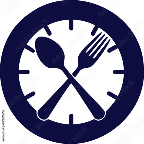 Crossed spoon and fork on clock face icon for mealtime or dining schedule symbol
