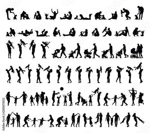 Parents spending time with their children baby and toddler in different poses indoors and outdoors black silhouette set collection vector flat graphic illustration.