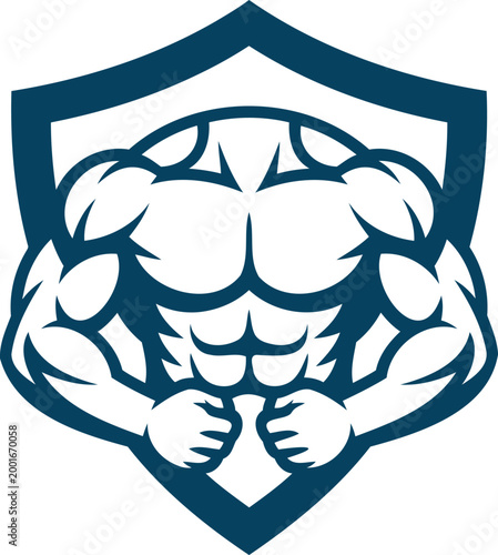 Muscular flexed arms and shield emblem with strong biceps and triceps  symbol of strength