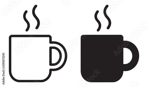 coffee mug icon set with steam, minimal vector line and solid style, hot drink and cafe beverage symbol isolated on transparent background